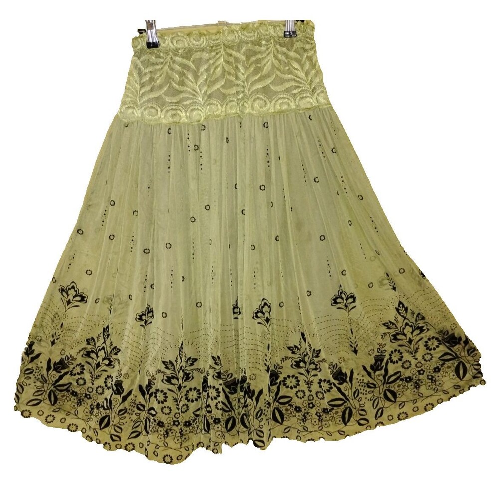 Vampy, Green & black lace mesh overlay  midi skirt with elastic waistband Flowy